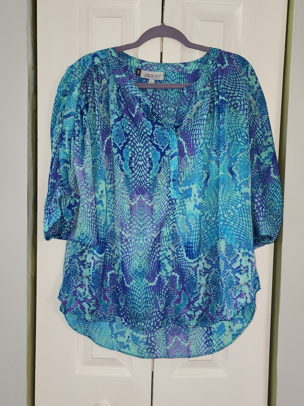 Jennifer Lopez Teal & Blue Snake-Print Dolman Sleeves V-Neck Blouse